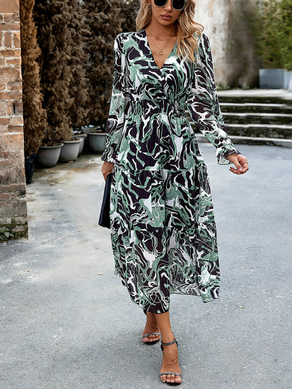 Romantic Printed V-Neck Maxi Dress – Lightweight Vacation Style