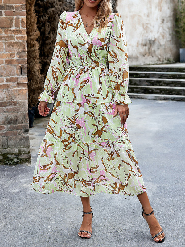 Romantic Printed V-Neck Maxi Dress – Lightweight Vacation Style