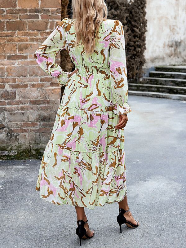 Romantic Printed V-Neck Maxi Dress – Lightweight Vacation Style