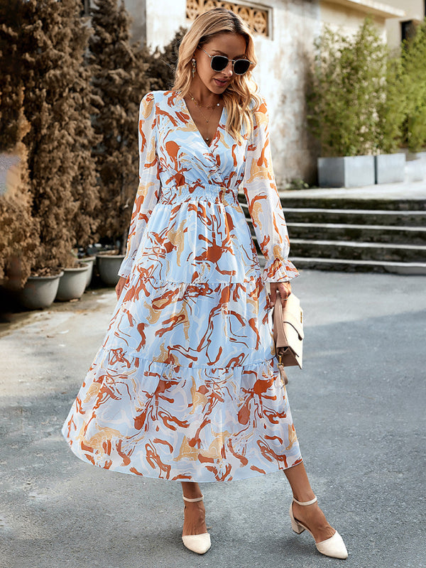 Romantic Printed V-Neck Maxi Dress – Lightweight Vacation Style