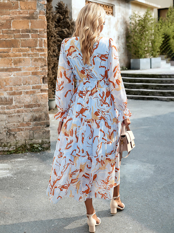 Romantic Printed V-Neck Maxi Dress – Lightweight Vacation Style
