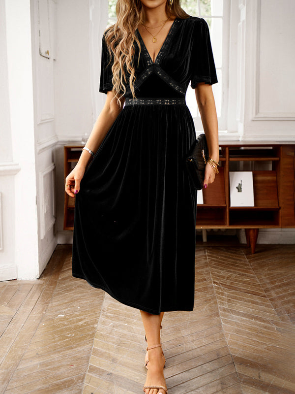 Velvet V-Neck Short-Sleeve Dress – Elegant Spring-Summer Style