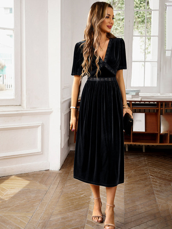 Velvet V-Neck Short-Sleeve Dress – Elegant Spring-Summer Style