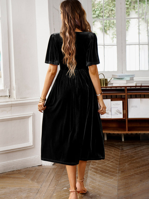 Velvet V-Neck Short-Sleeve Dress – Elegant Spring-Summer Style