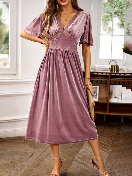 Velvet V-Neck Short-Sleeve Dress – Elegant Spring-Summer Style