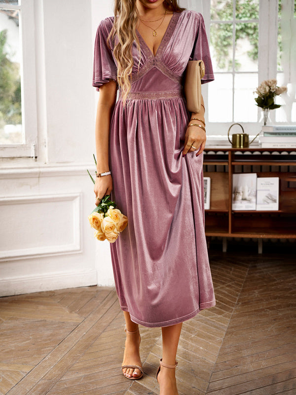Velvet V-Neck Short-Sleeve Dress – Elegant Spring-Summer Style