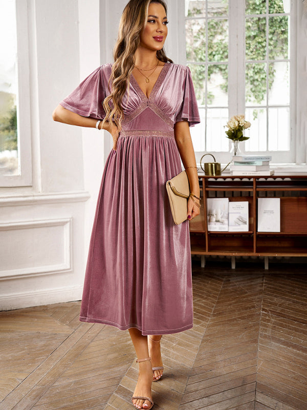 Velvet V-Neck Short-Sleeve Dress – Elegant Spring-Summer Style
