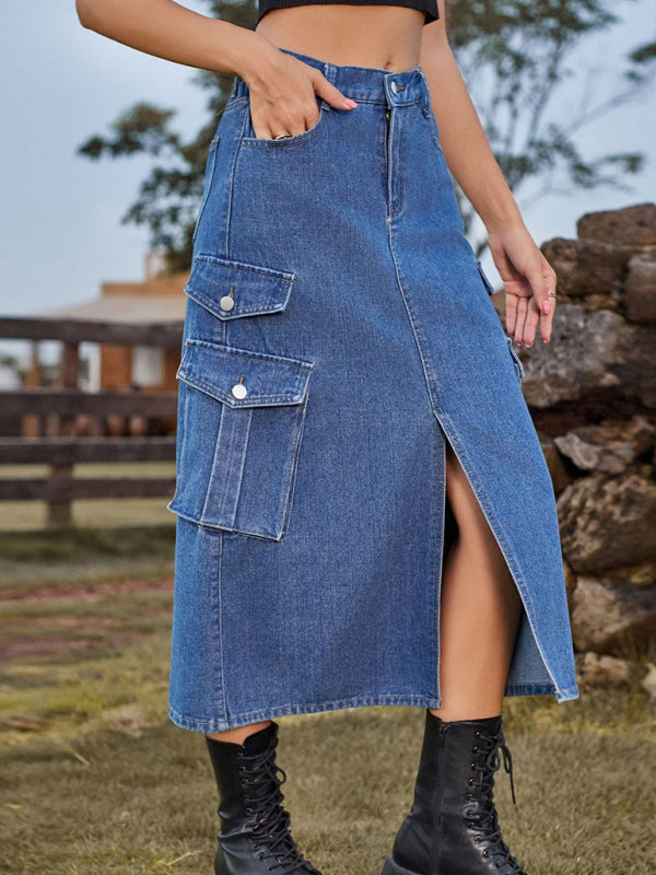 Elastic Waist Denim Cargo Midi Skirt