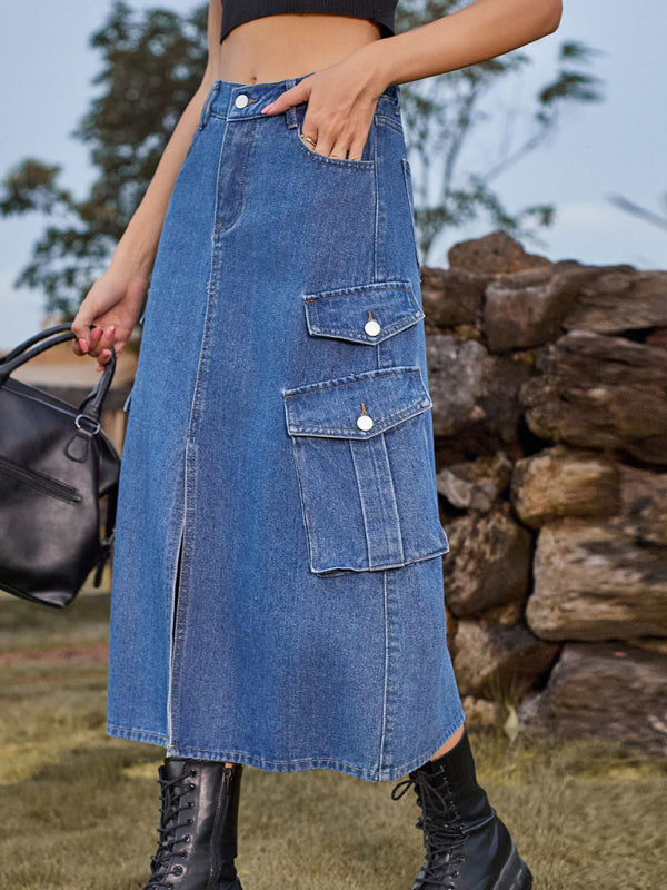 Elastic Waist Denim Cargo Midi Skirt