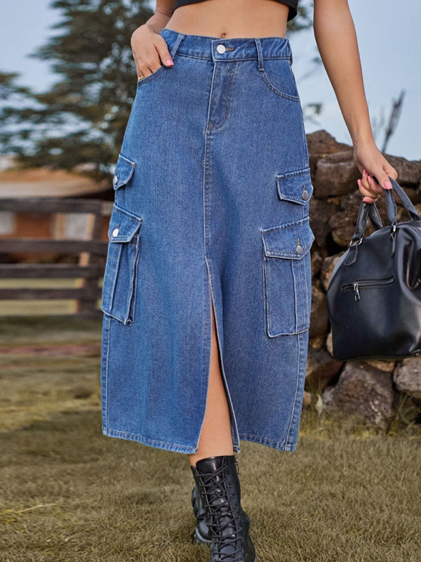 Elastic Waist Denim Cargo Midi Skirt