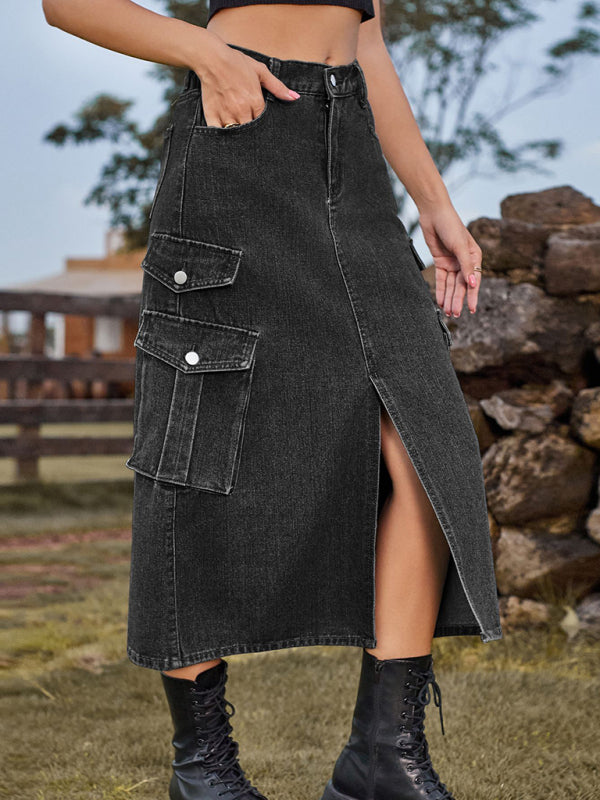 Elastic Waist Denim Cargo Midi Skirt