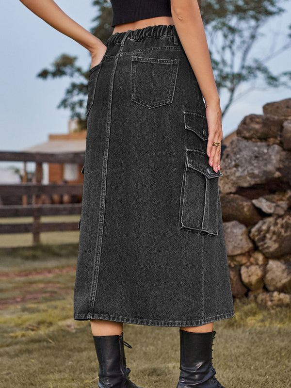 Elastic Waist Denim Cargo Midi Skirt