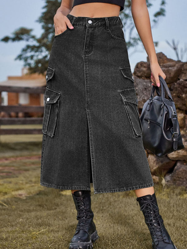 Elastic Waist Denim Cargo Midi Skirt