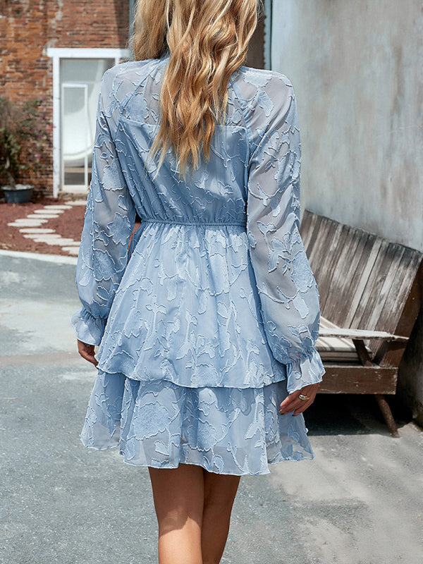Elegant Jacquard Long-Sleeve Dress – Round Neck, Woven Fabric, Autumn Ready