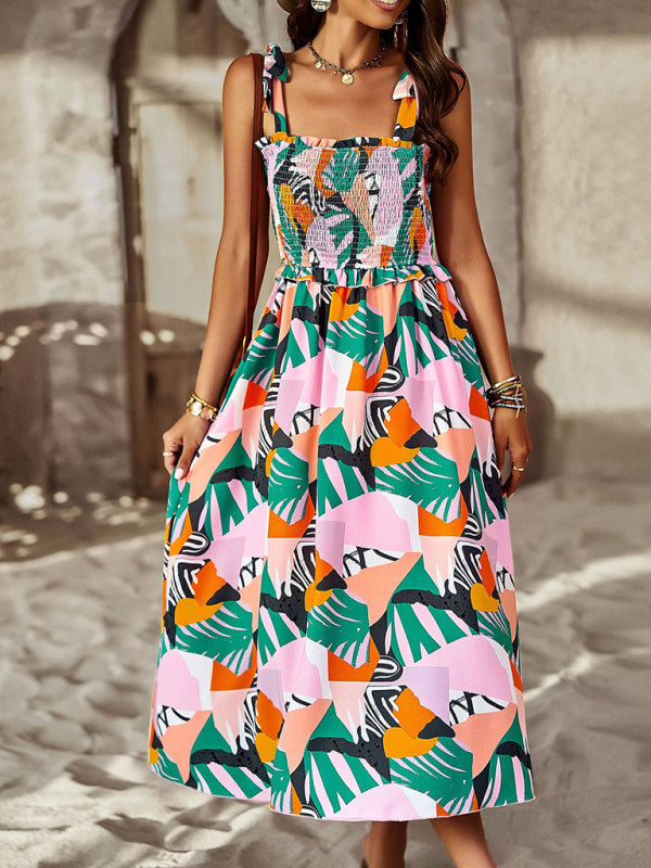 Bohemian Mid-Length Suspender Dress – Random Print, Lightweight & Flowy