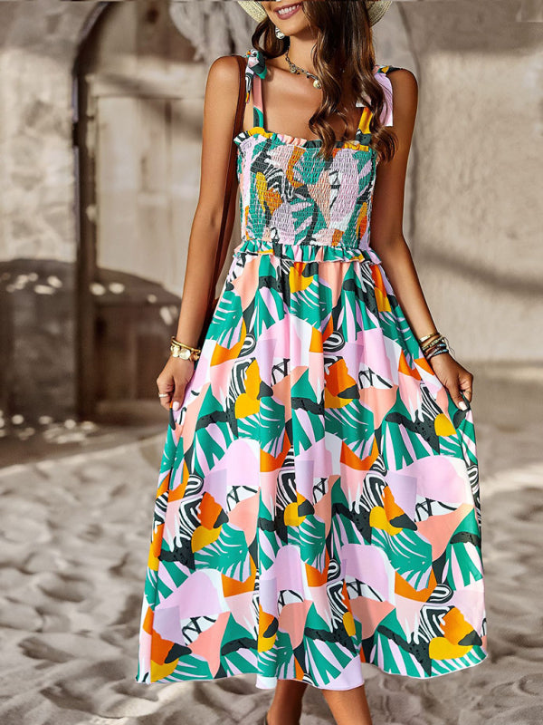 Bohemian Mid-Length Suspender Dress – Random Print, Lightweight & Flowy