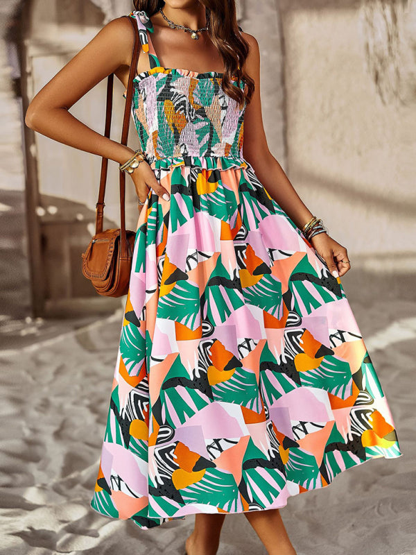 Bohemian Mid-Length Suspender Dress – Random Print, Lightweight & Flowy