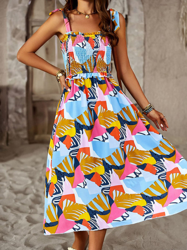 Bohemian Mid-Length Suspender Dress – Random Print, Lightweight & Flowy