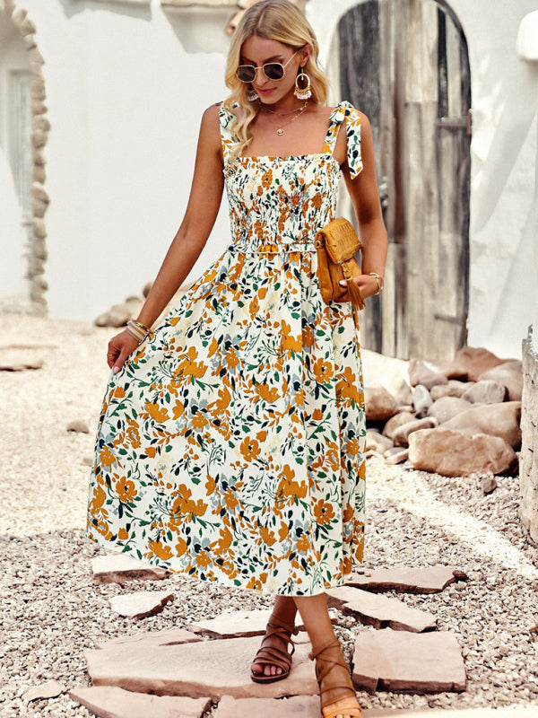 Bohemian Mid-Length Suspender Dress – Random Print, Lightweight & Flowy