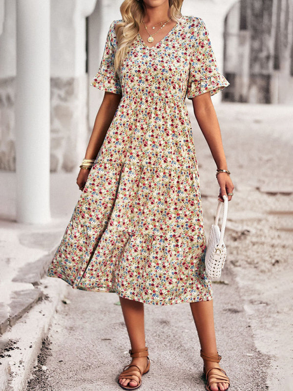 Bohemian V-Neck Floral Midi Dress – Lightweight, Short Sleeves, A-Line Fit