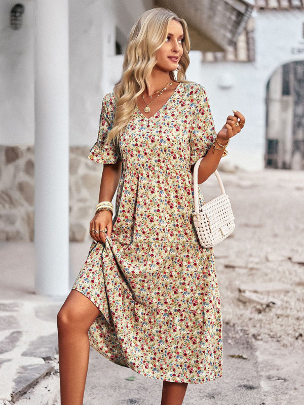 Bohemian V-Neck Floral Midi Dress – Lightweight, Short Sleeves, A-Line Fit