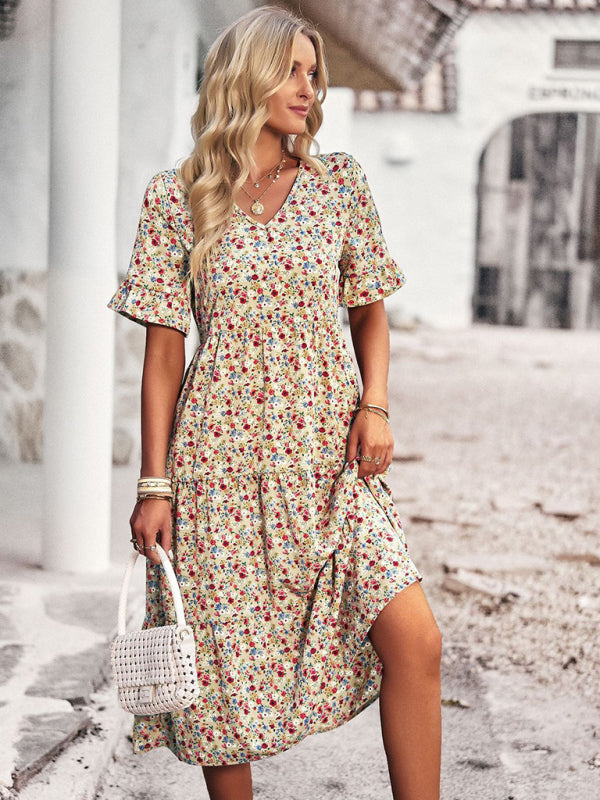 Bohemian V-Neck Floral Midi Dress – Lightweight, Short Sleeves, A-Line Fit