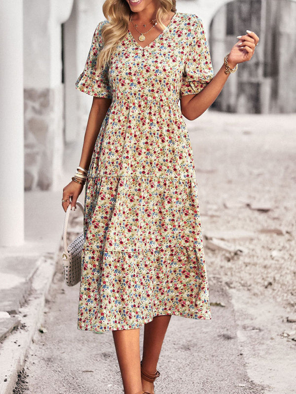 Bohemian V-Neck Floral Midi Dress – Lightweight, Short Sleeves, A-Line Fit
