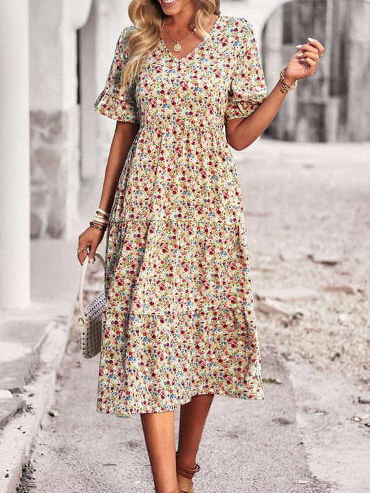 Bohemian V-Neck Floral Midi Dress – Lightweight, Short Sleeves, A-Line Fit