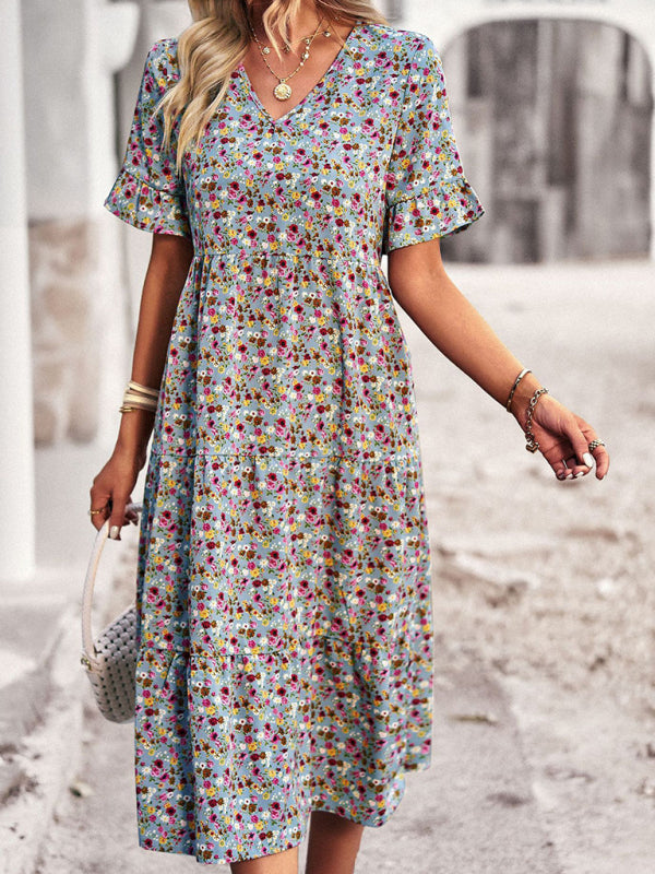 Bohemian V-Neck Floral Midi Dress – Lightweight, Short Sleeves, A-Line Fit