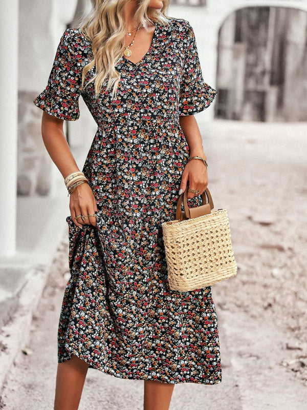 Bohemian V-Neck Floral Midi Dress – Lightweight, Short Sleeves, A-Line Fit
