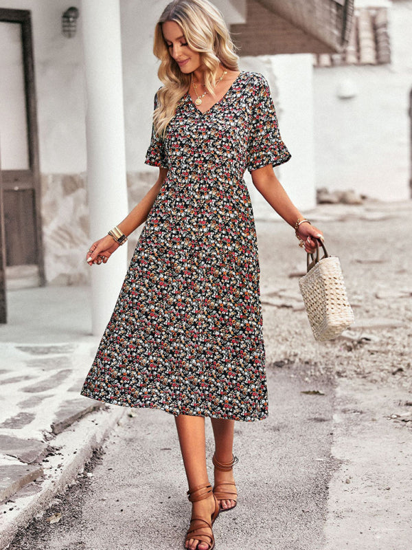 Bohemian V-Neck Floral Midi Dress – Lightweight, Short Sleeves, A-Line Fit