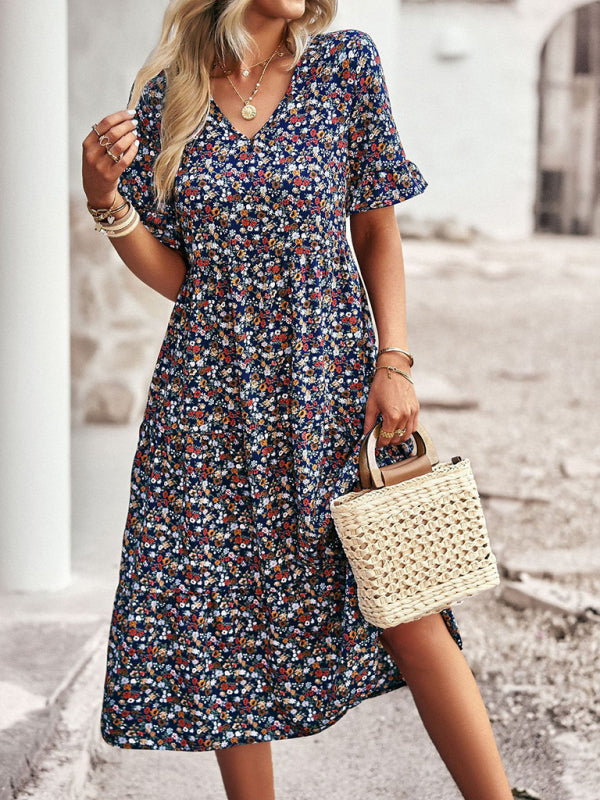 Bohemian V-Neck Floral Midi Dress – Lightweight, Short Sleeves, A-Line Fit