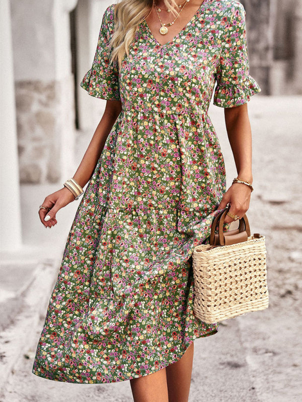 Bohemian V-Neck Floral Midi Dress – Lightweight, Short Sleeves, A-Line Fit