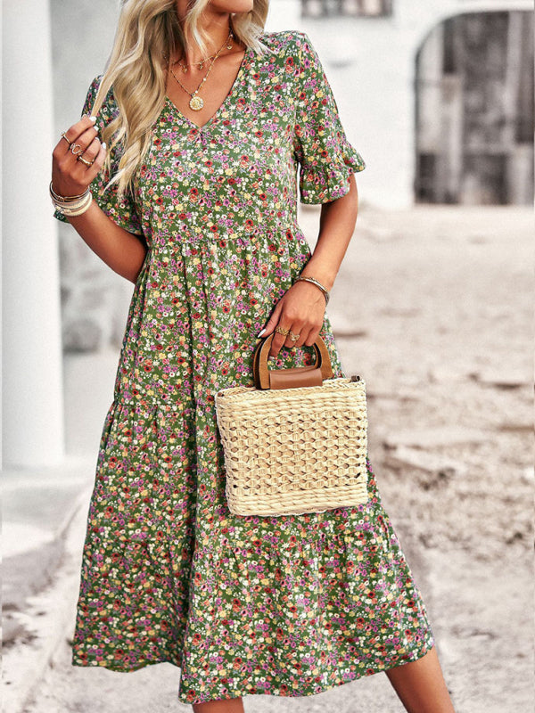 Bohemian V-Neck Floral Midi Dress – Lightweight, Short Sleeves, A-Line Fit