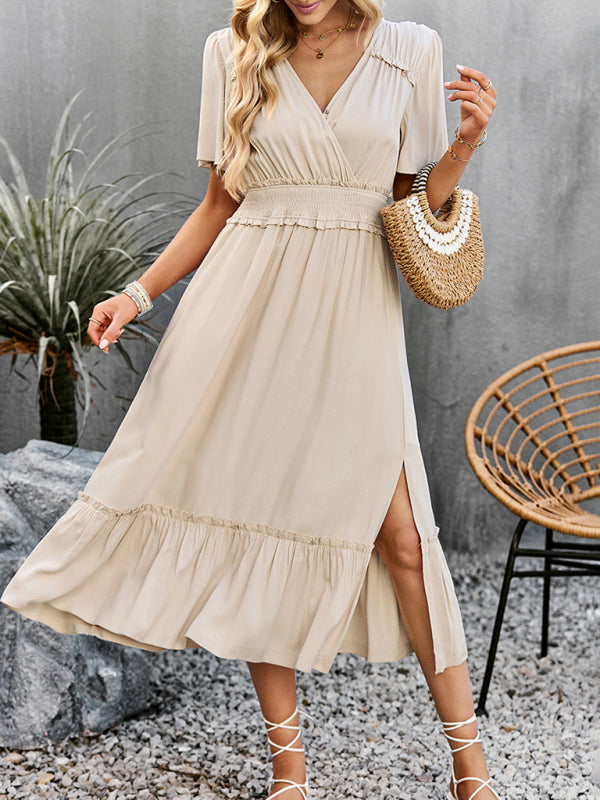 Elegant V-Neck Maxi Dress with Waist Detail and Front Slit