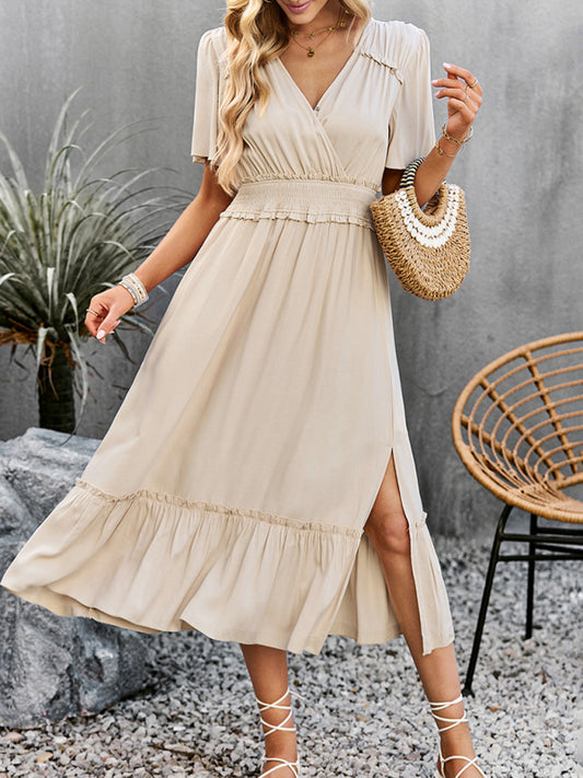 Elegant V-Neck Maxi Dress with Waist Detail and Front Slit