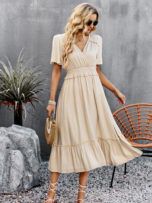 Elegant V-Neck Maxi Dress with Waist Detail and Front Slit