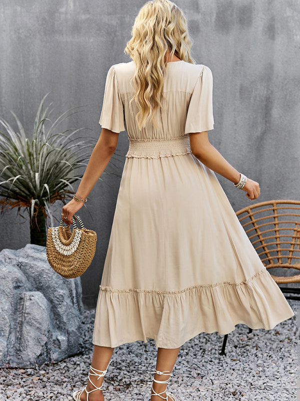 Elegant V-Neck Maxi Dress with Waist Detail and Front Slit