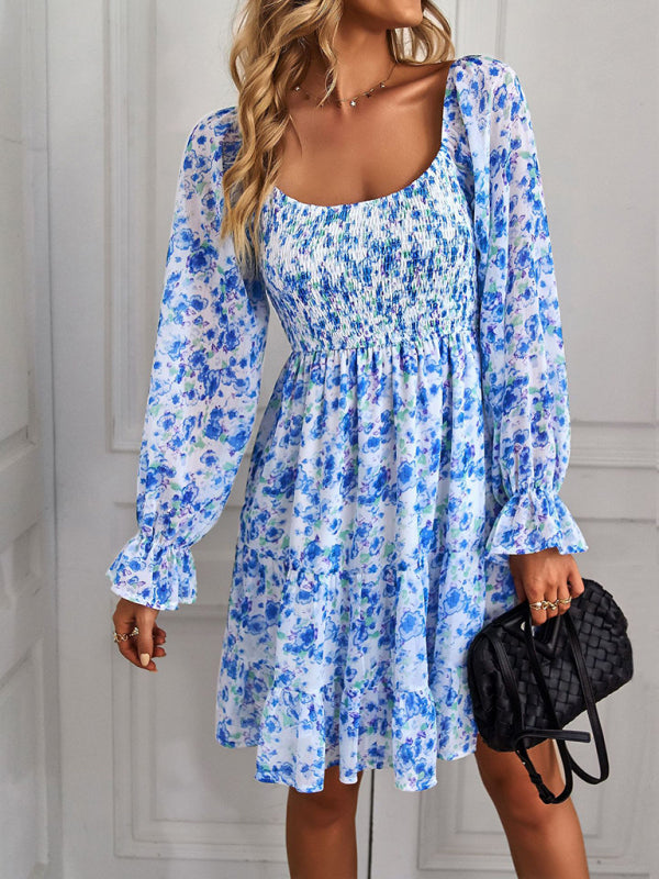 Bohemian Floral Long-Sleeve Square Neck Dress – Stretch Fit, Spring Style