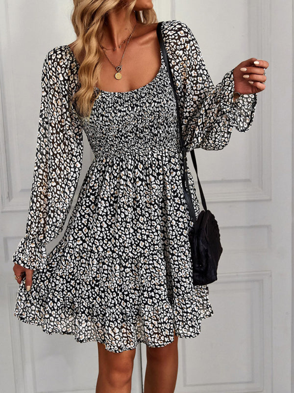Bohemian Floral Long-Sleeve Square Neck Dress – Stretch Fit, Spring Style