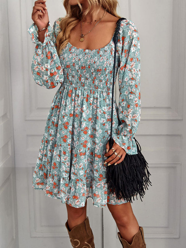 Bohemian Floral Long-Sleeve Square Neck Dress – Stretch Fit, Spring Style