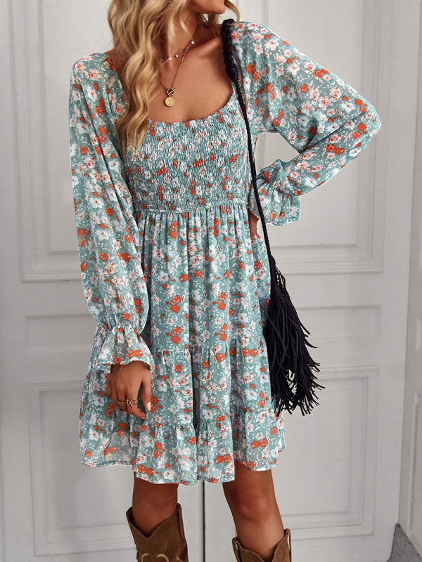 Bohemian Floral Long-Sleeve Square Neck Dress – Stretch Fit, Spring Style