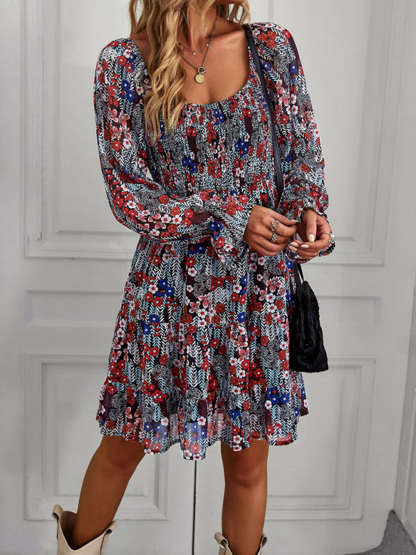 Bohemian Floral Long-Sleeve Square Neck Dress – Stretch Fit, Spring Style