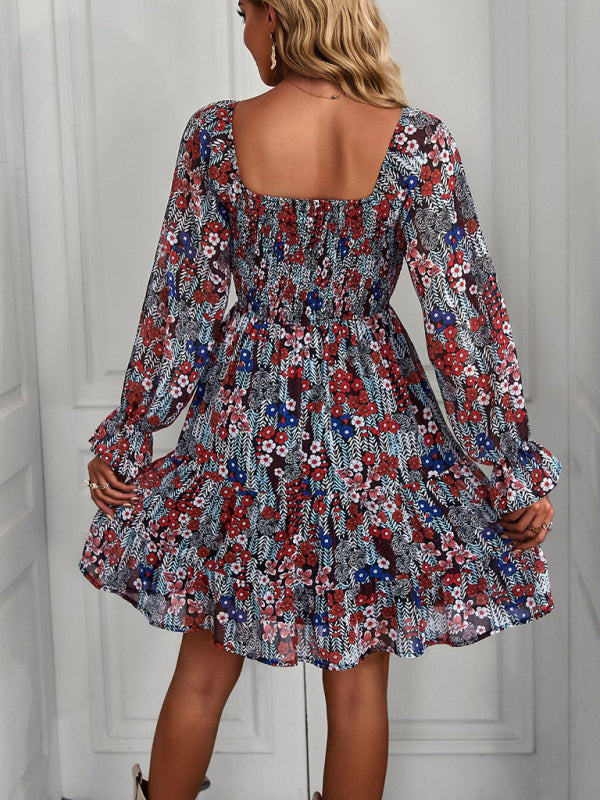Bohemian Floral Long-Sleeve Square Neck Dress – Stretch Fit, Spring Style