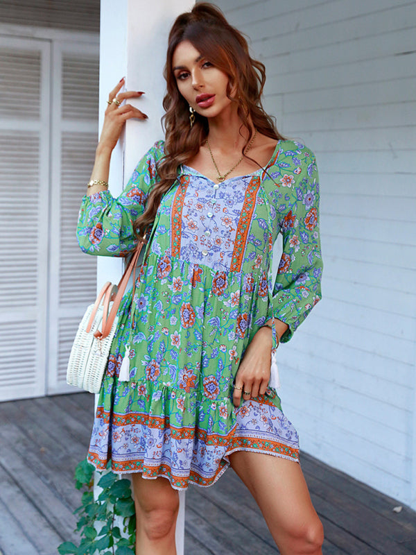 Boho Floral Mini Dress – Lightweight Puff Sleeve Woven Dress in 4 Colors