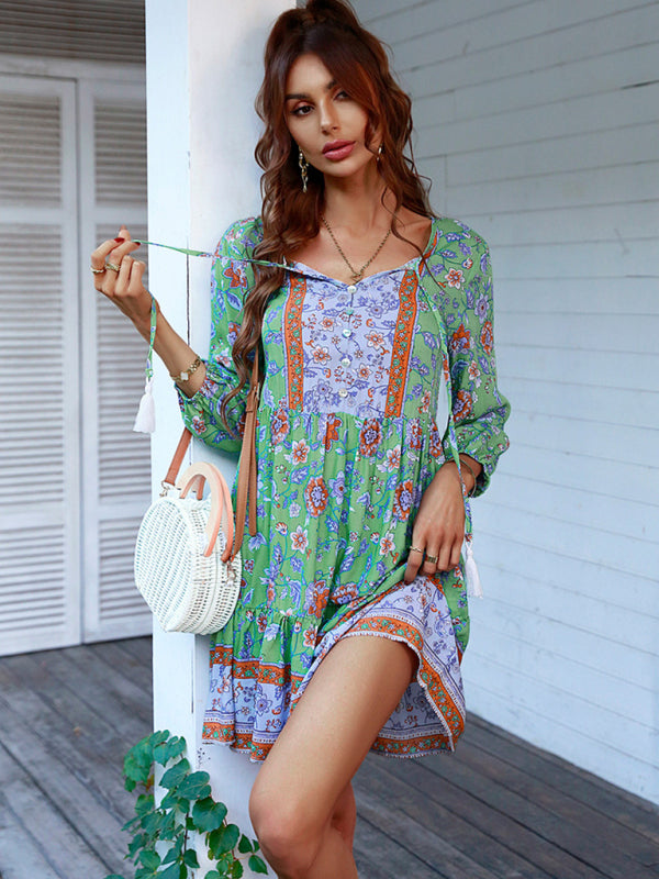 Boho Floral Mini Dress – Lightweight Puff Sleeve Woven Dress in 4 Colors