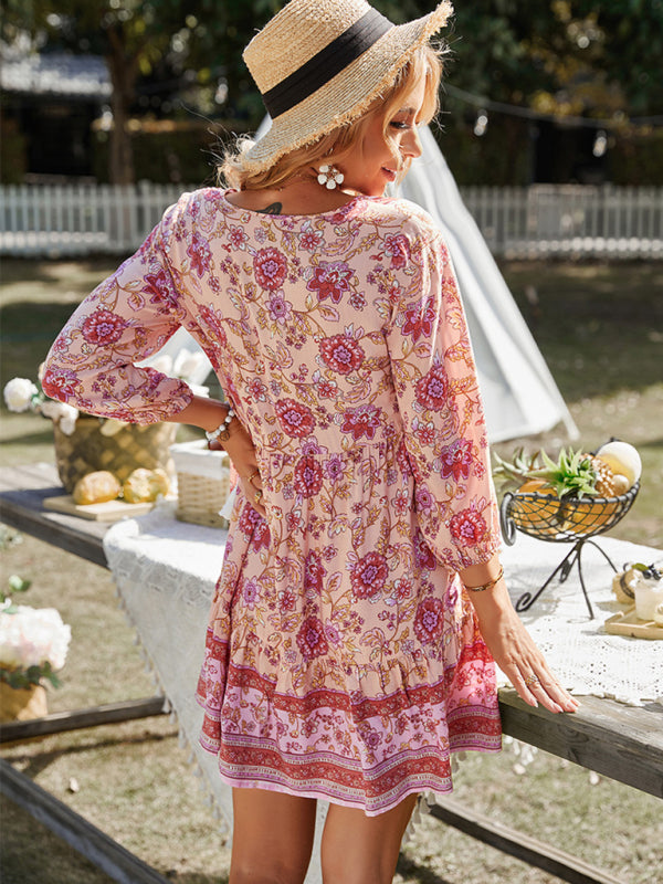 Boho Floral Mini Dress – Lightweight Puff Sleeve Woven Dress in 4 Colors