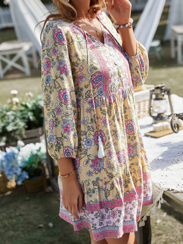 Boho Floral Mini Dress – Lightweight Puff Sleeve Woven Dress in 4 Colors