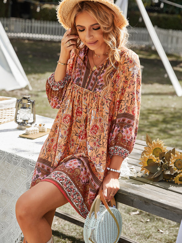 Bohemian Floral Print Resort Dress – Lightweight Woven Summer Midi