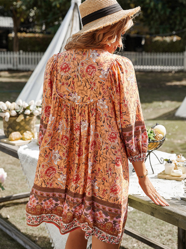 Bohemian Floral Print Resort Dress – Lightweight Woven Summer Midi